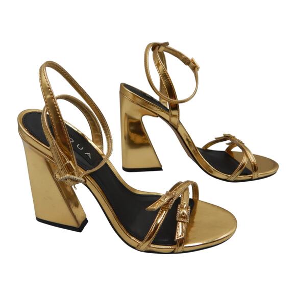 Aqua Crystal Embellished Buckle Strappy Block High Heel Sandals Metallic Gold 6B - Picture 1 of 6
